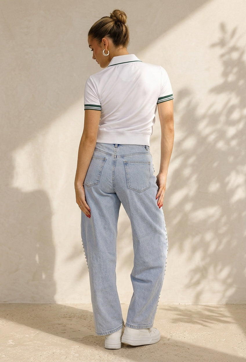 Witte Cropped Polo met Groene Contrasterende Strepen