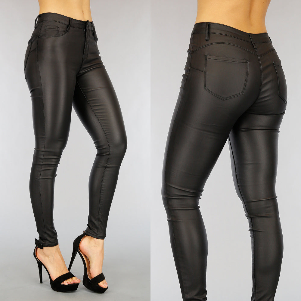 Zwarte Lederlook Push-Up Broek