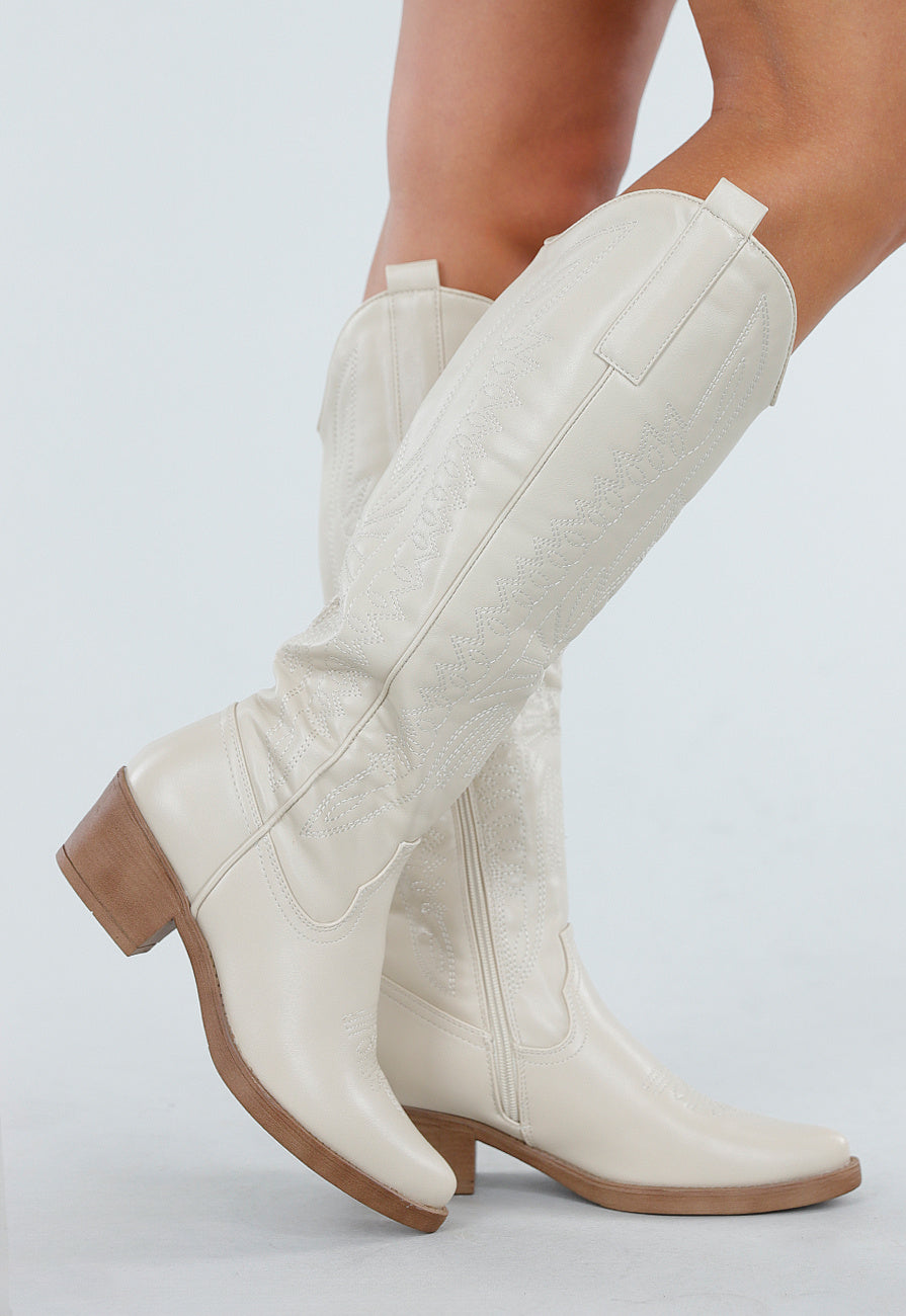 Beige Hoge Cowboylaarzen met Sierstiksels en Rits
