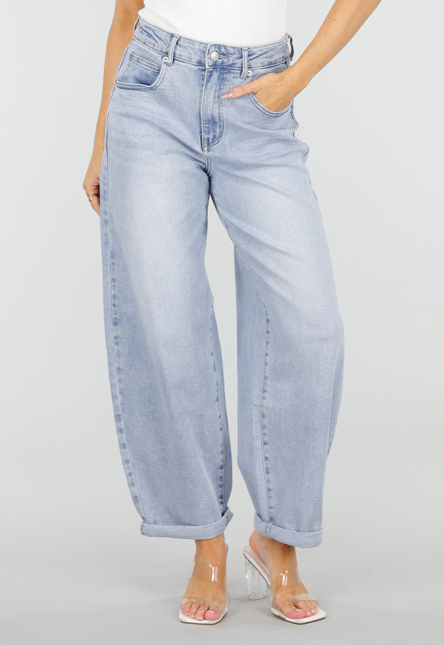 Lichtblauwe Barrel Jeans met Hoge Taille