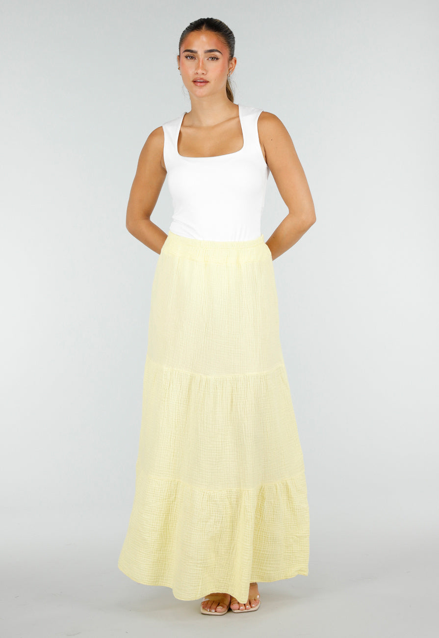 Lichtgele Mousseline Maxi Rok met Elastische Taille