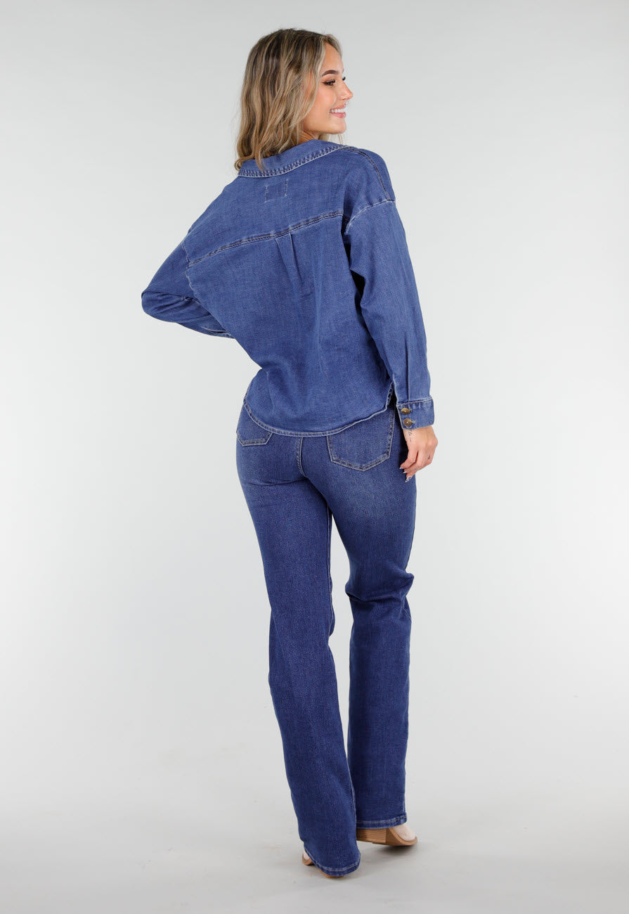 Blauwe Spijkerblouse met Knoopdetail