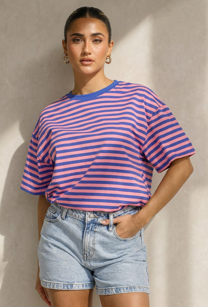 Blauw Roze Gestreept T-shirt met Korte Mouwen en Ronde Hals