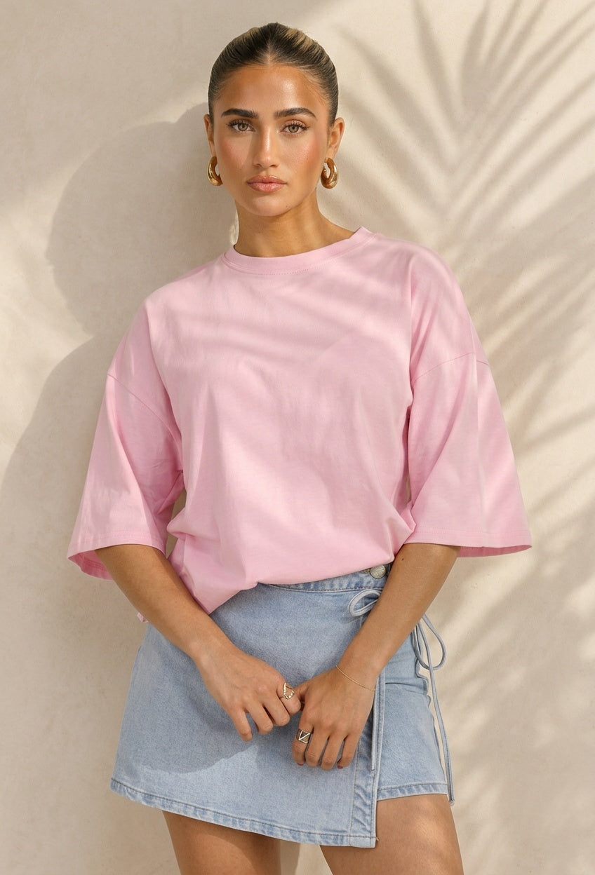 Roze Oversized T-shirt met Korte Mouwen en Backprint