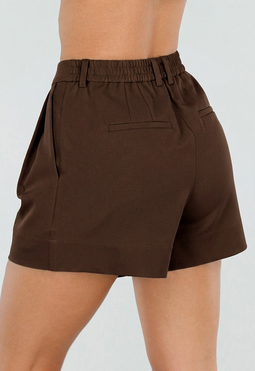 NEW190826 Donkerbruine Plooi Short met Elastische Tailleband