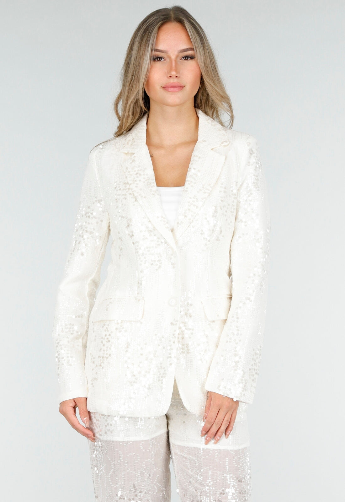 Witte Pailletten Set met Blazer en Rechte Broek