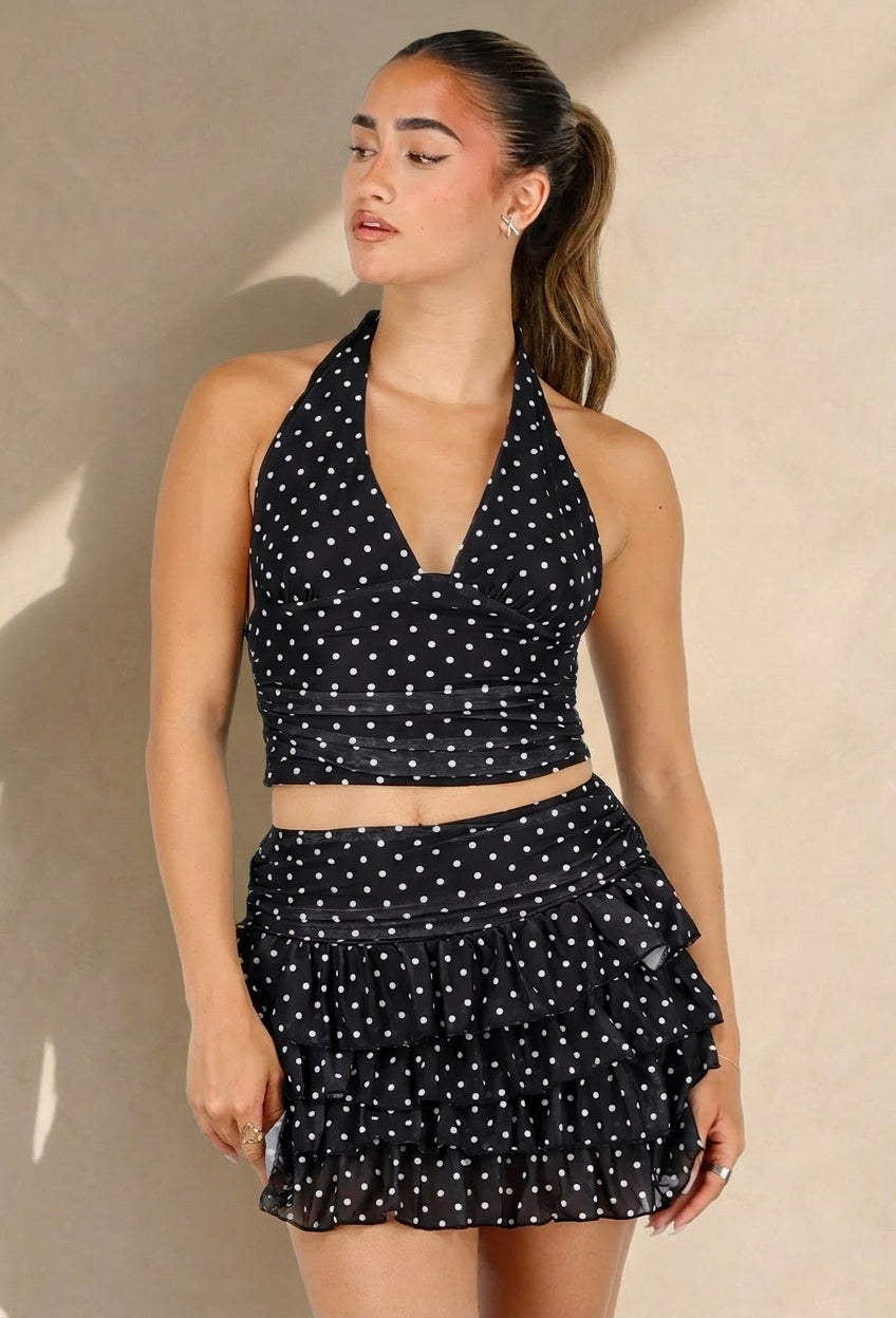 Zwarte Polkadot Halter Top met Ruffle Skort Set