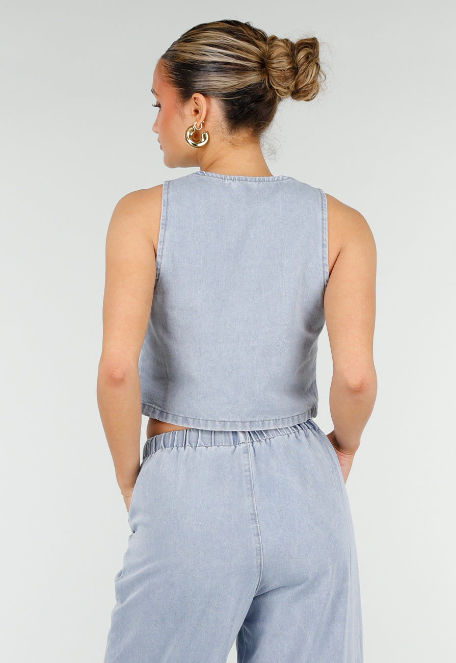 Lichtblauwe Denim Set met Gilet Top en Wijde Broek