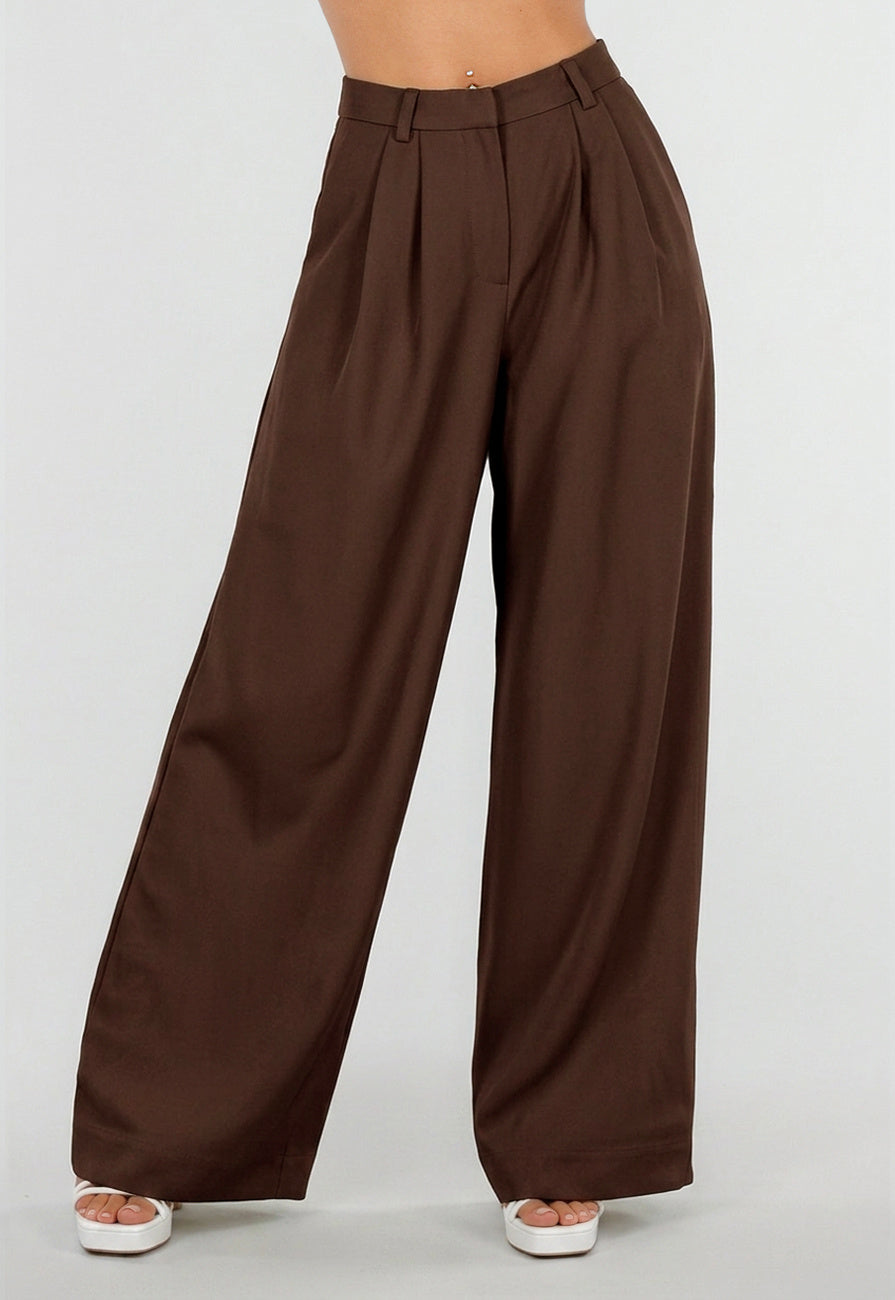 NEW190826 Bruine Wide Leg Pantalon met Hoge Taille en Plooien