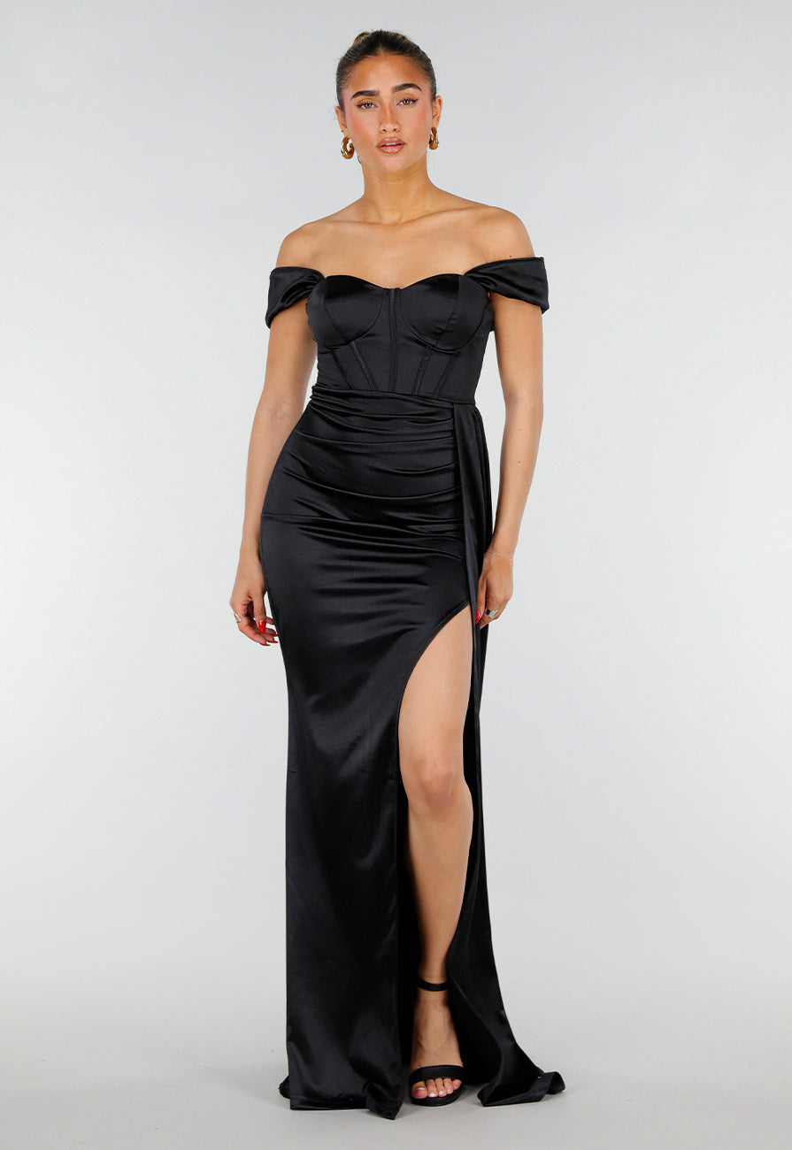Zwarte Satin Off Shoulder Galajurk met Split