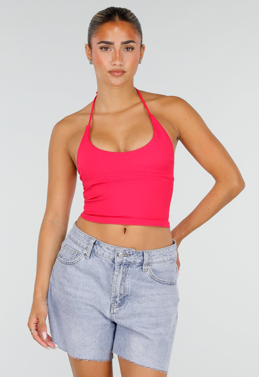 NEW120826 Roze Halter Sport Top met Verstelbaar Halterbandje, Uitneembare Pads en Stretch