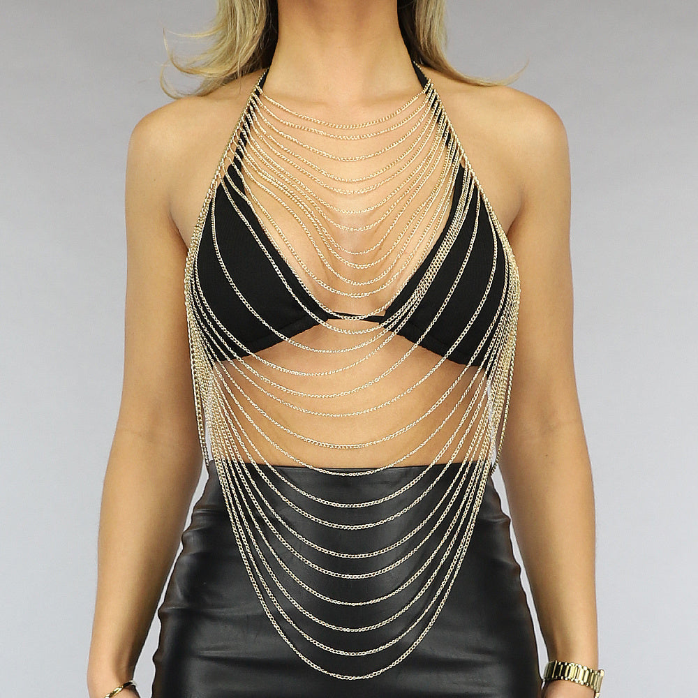 Goudkleurige Layered Bodychain met Oorbellen