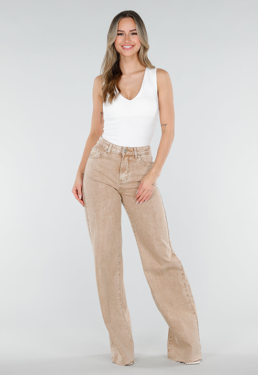 Beige Wide Leg Tall Denim Jeans met Wassing