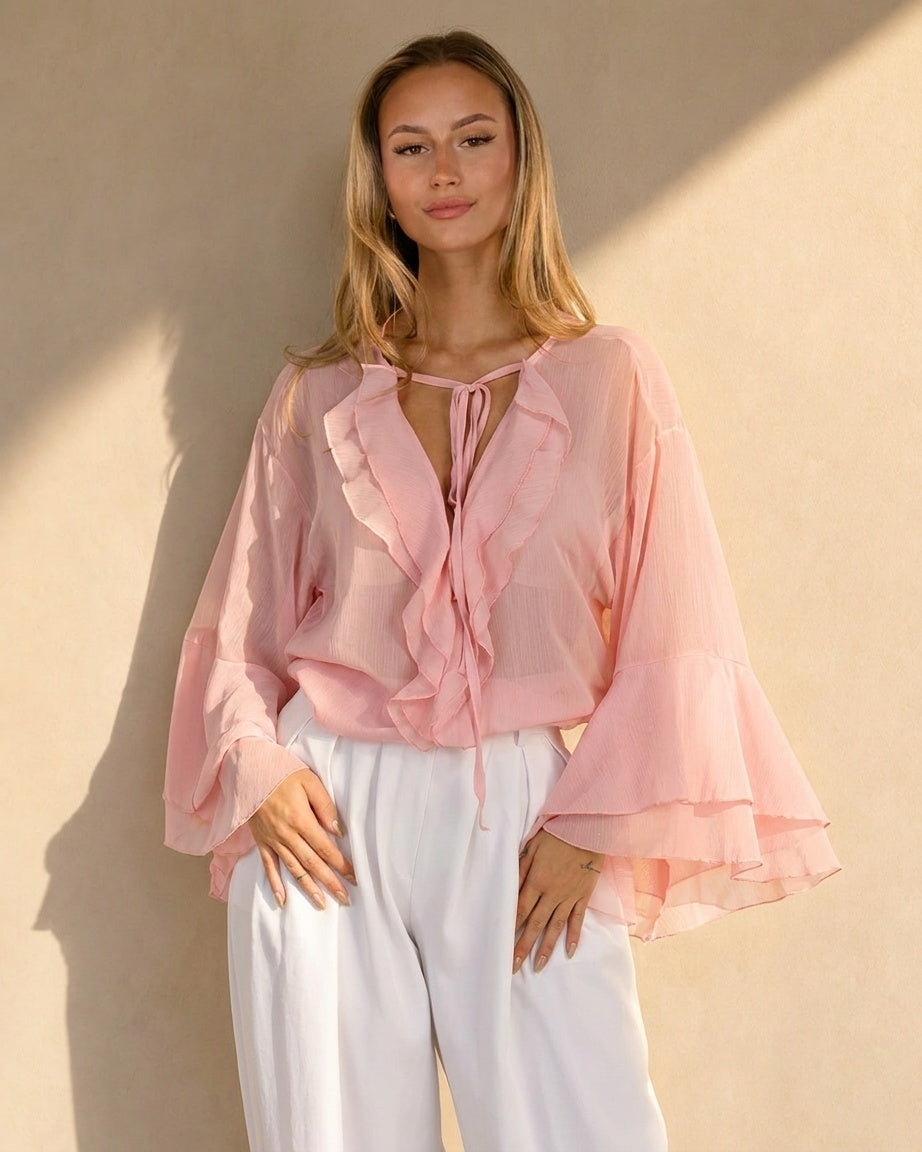 NEW010726 Roze Chiffon Blouse met Ruches en Knoopsluiting