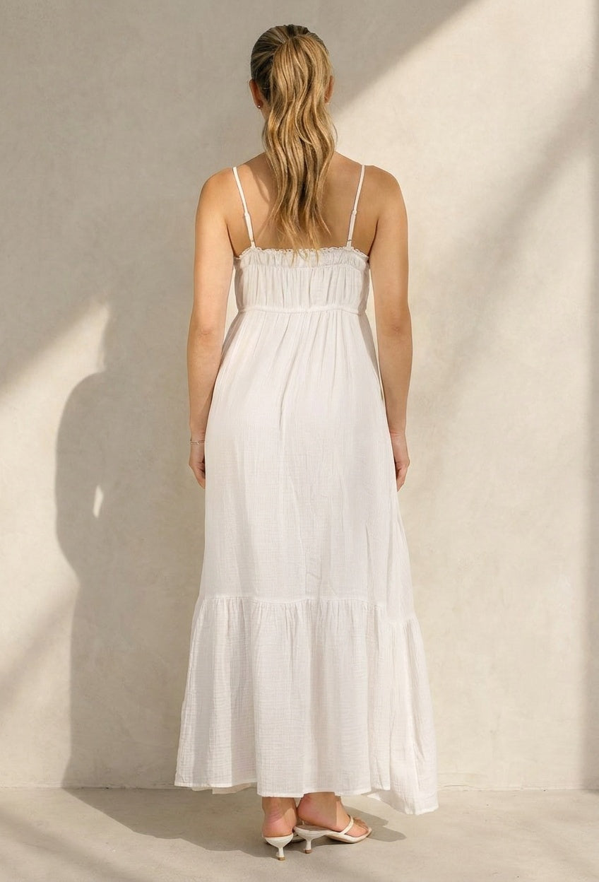 Witte Mousseline Maxi Jurk met Spaghettibandjes en Smokdetail