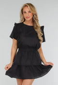 Zwarte Two Piece Set met Ruches, Korte Mouwen en Embroidery details