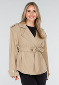 Beige Korte Trenchcoat met Ceintuur en Dubbele Knoopsluiting