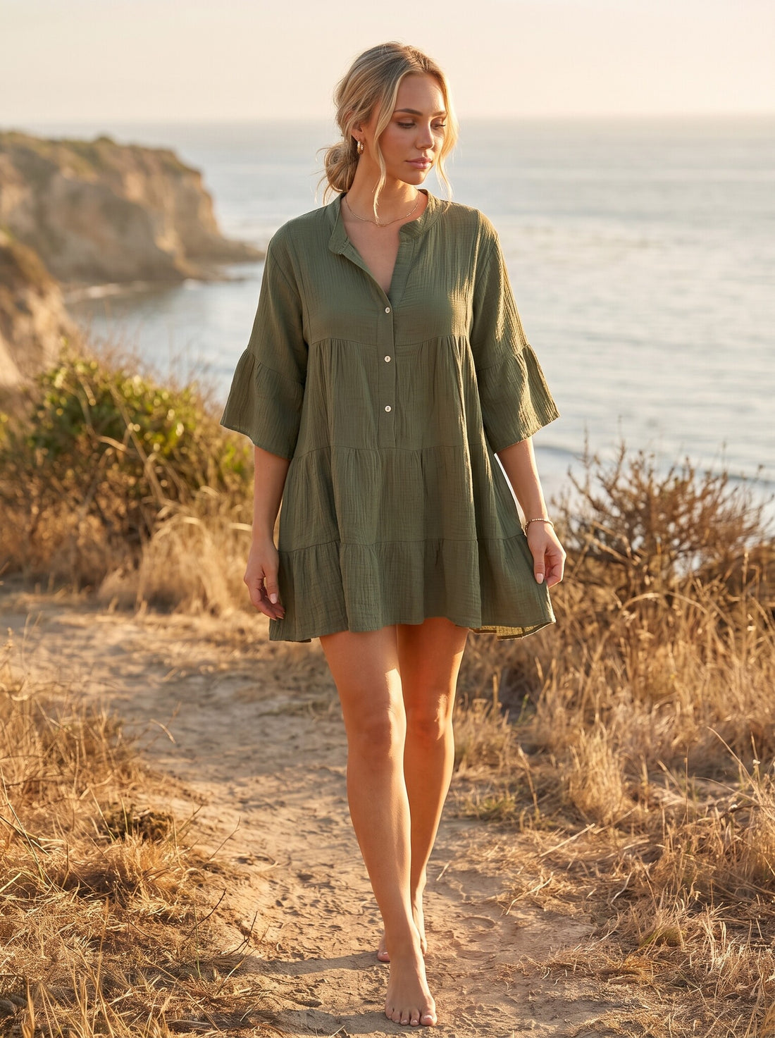Khaki Tuniekjurk met Knoopsluiting en Driekwart Volantmouwen