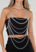 NEW120826 Zilverkleurige Bodychain met Choker en Verstelbare Rugsluiting