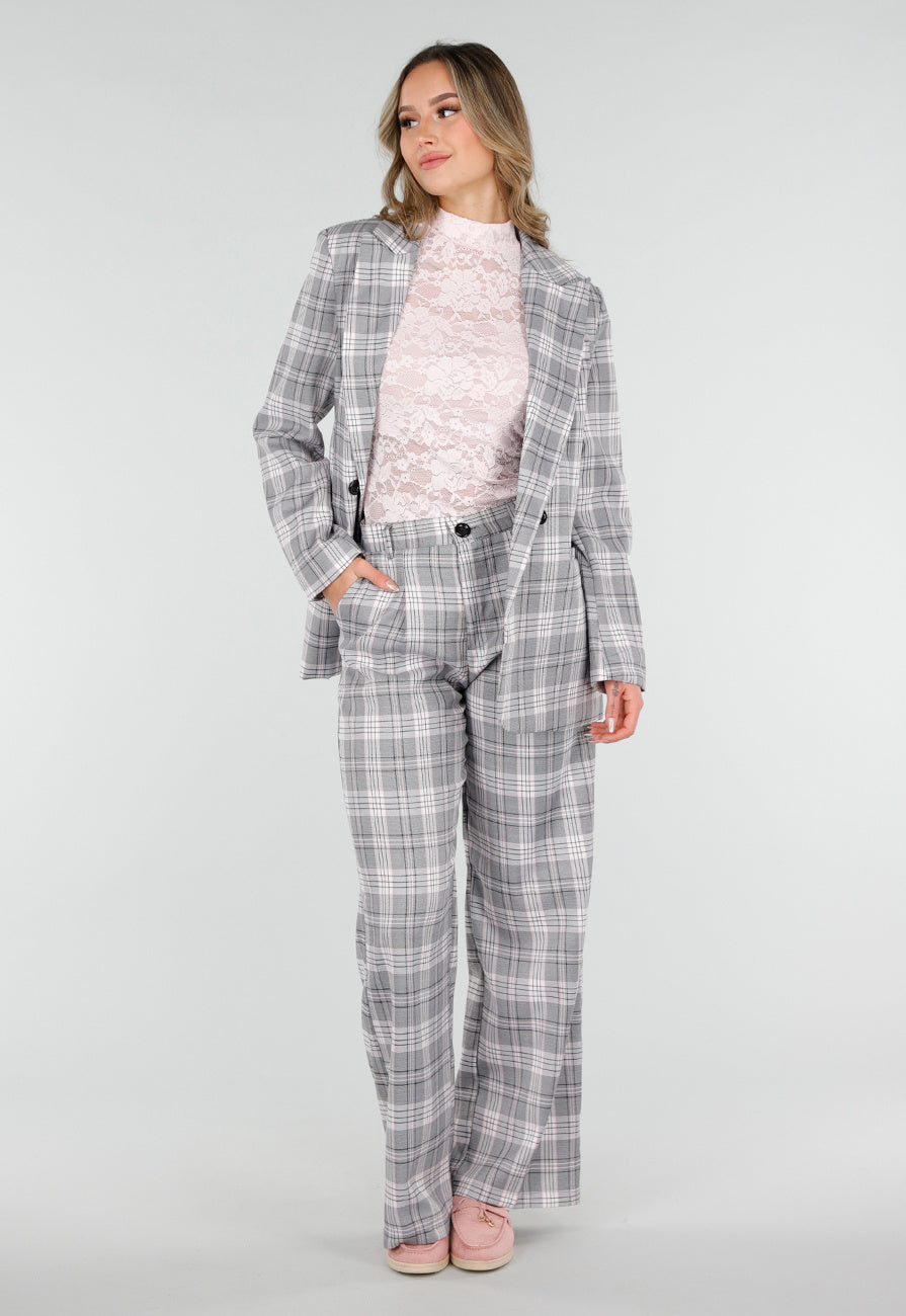 Grijs Roze Geruite Pantalon Straight Leg