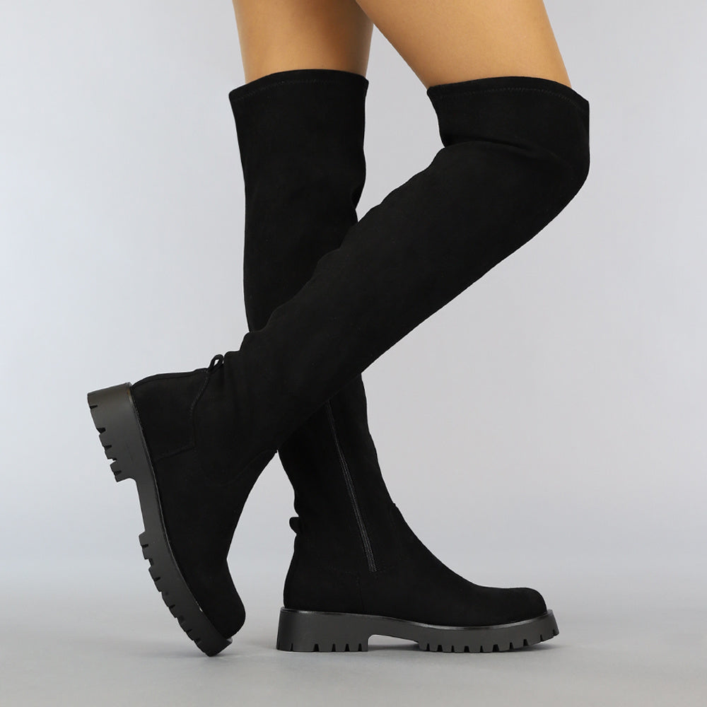 Zwarte Suède-Look Overknee Laarzen met Grove Zool