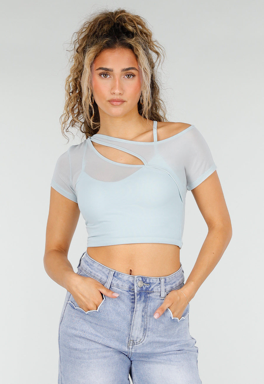Lichtblauwe Mesh Crop Top met Korte Mouw en Pads