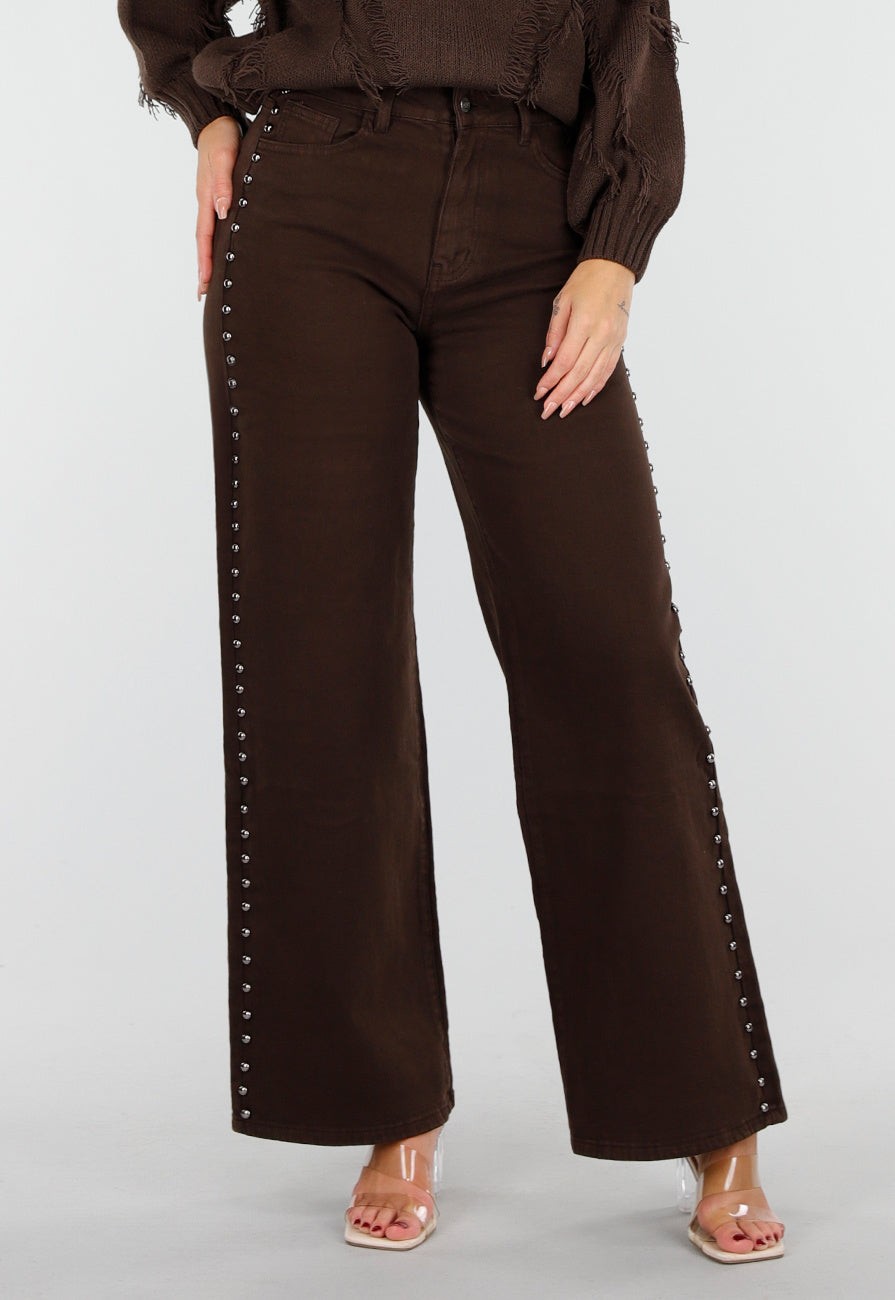 Donkerbruine High Waist Wide Leg Jeans met Zilveren Studs