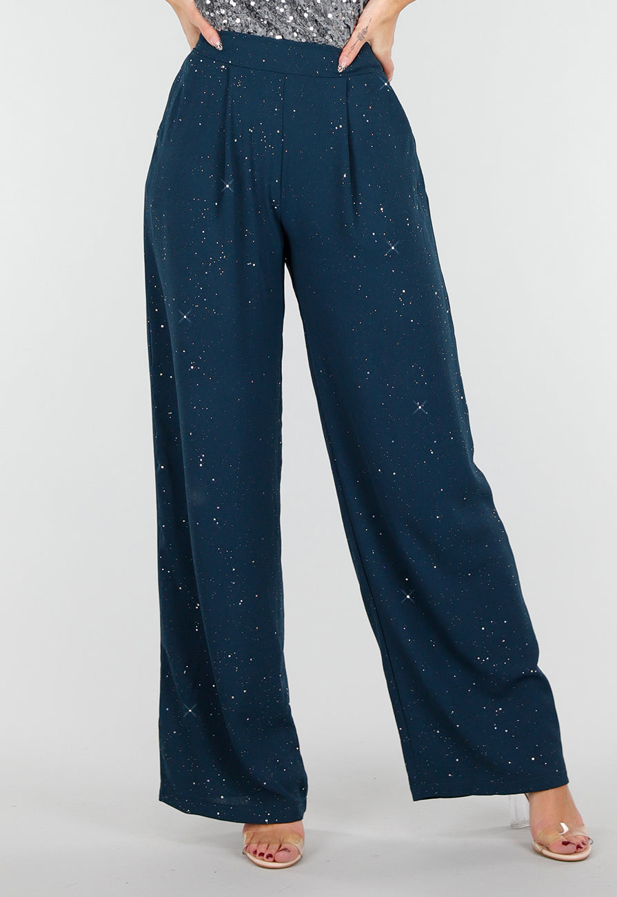 Zeeblauwe Linnenlook Glitter Pantalon met Stretchband