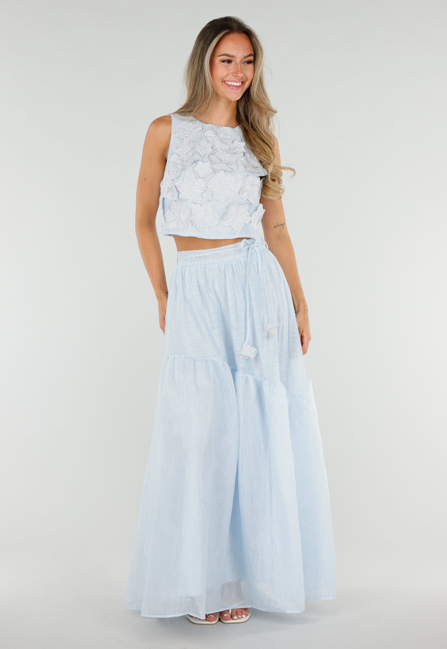 NEW150726 Lichtblauwe Maxi Rok met Strikceintuur en Volant