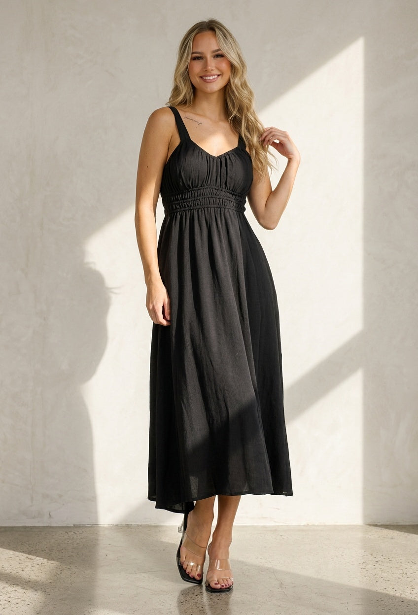 Zwarte Midi Jurk met Brede Bandjes en Stretch