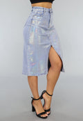 Redial Jeans Holografische Coated Midi Denim Rok