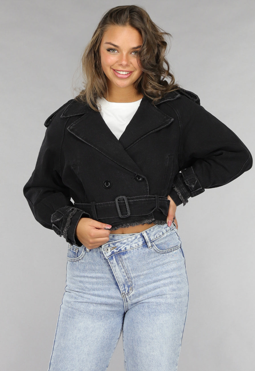 Cropped Zwarte Denim Jas met Gespdetails