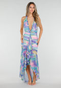 NEW080726 Pastelkleurige Halter Maxi Jurk met Stretch en Open Rug