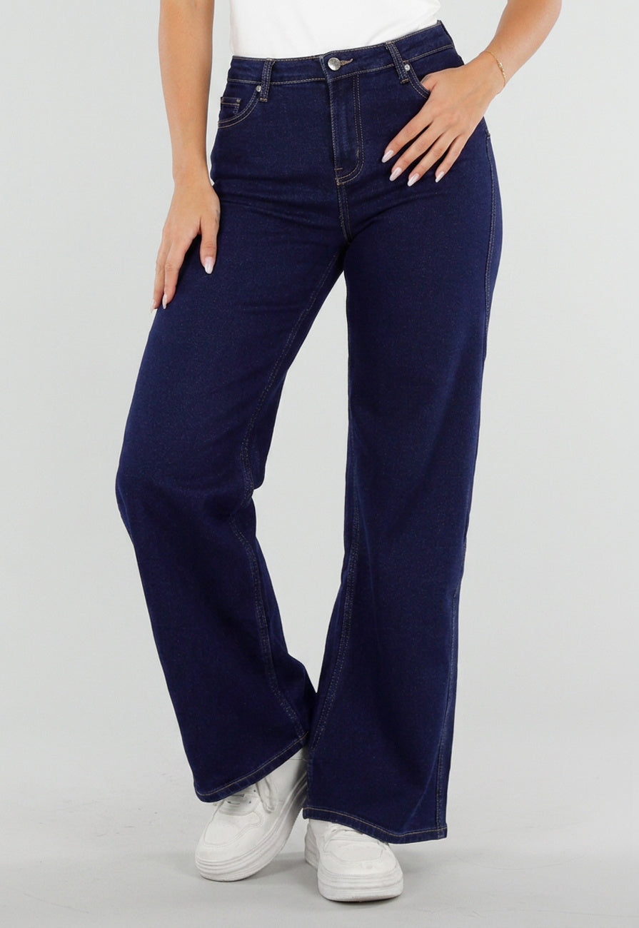 NEW290726 Donkerblauwe Wide Leg Jeans met Hoge Taille en Stretch