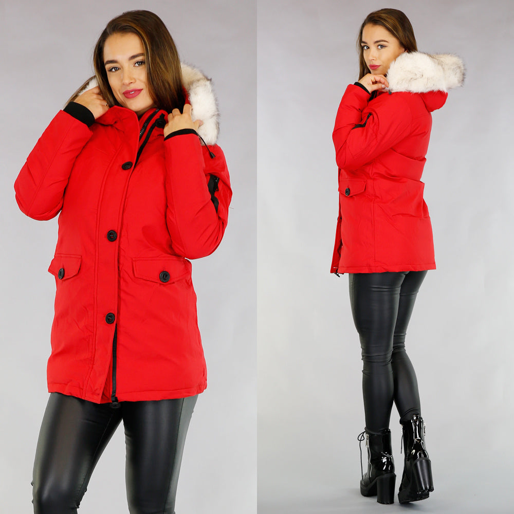Rode Gewatteerde Parka met Beige Imitatiebont