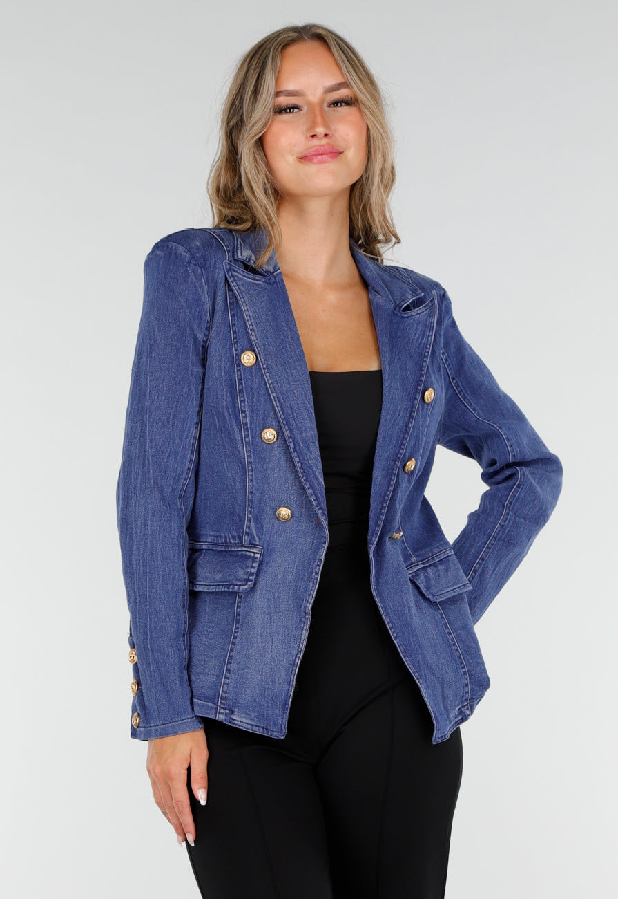 Donkerblauwe Jeans Blazer met Buttons