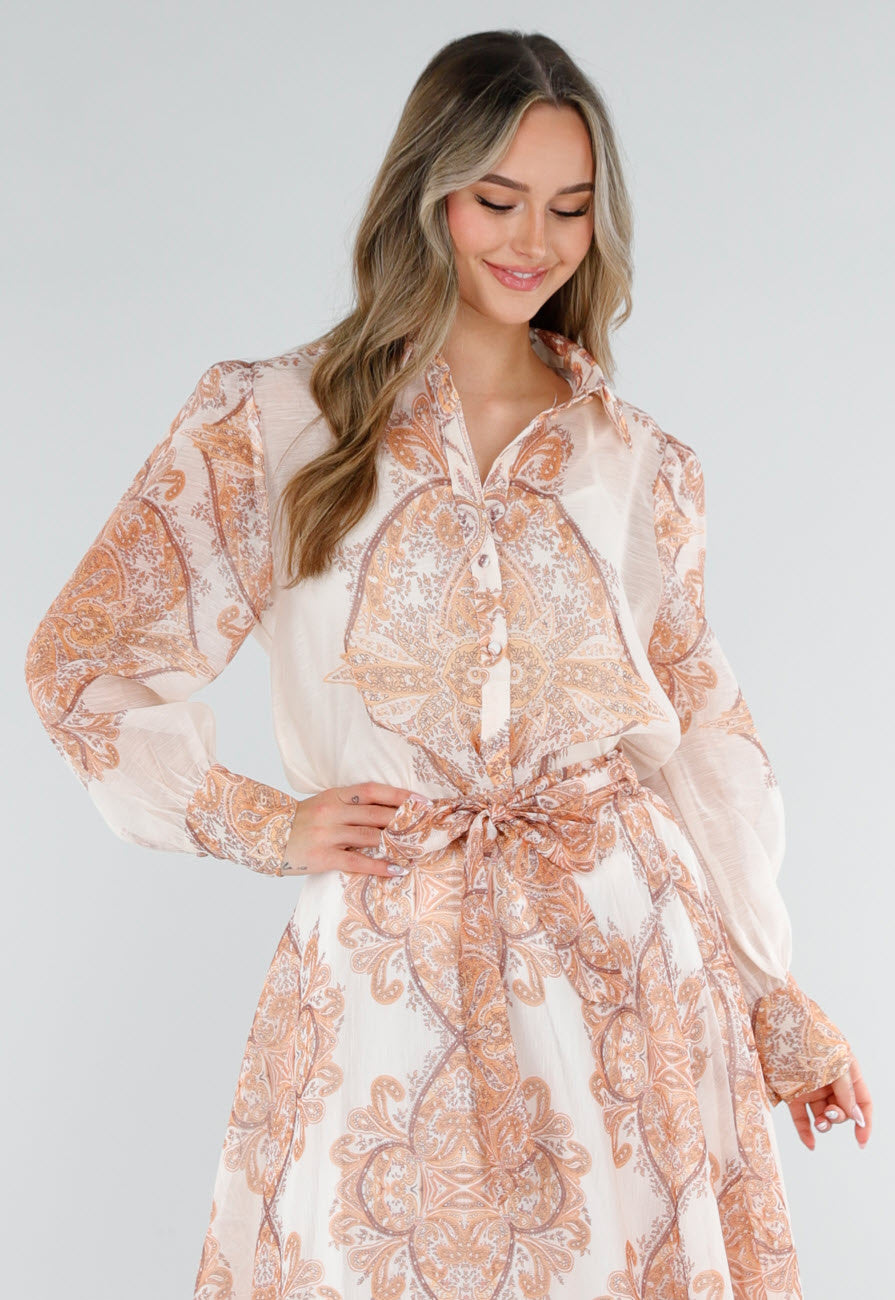 Oranje Blouse met Paisley Print en Lange Mouwen