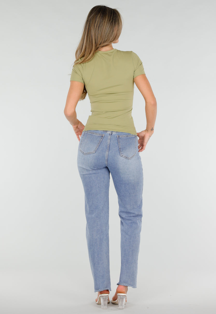 NEW220726 Pistache Stretch T-Shirt met Ronde Hals en Korte Mouwen