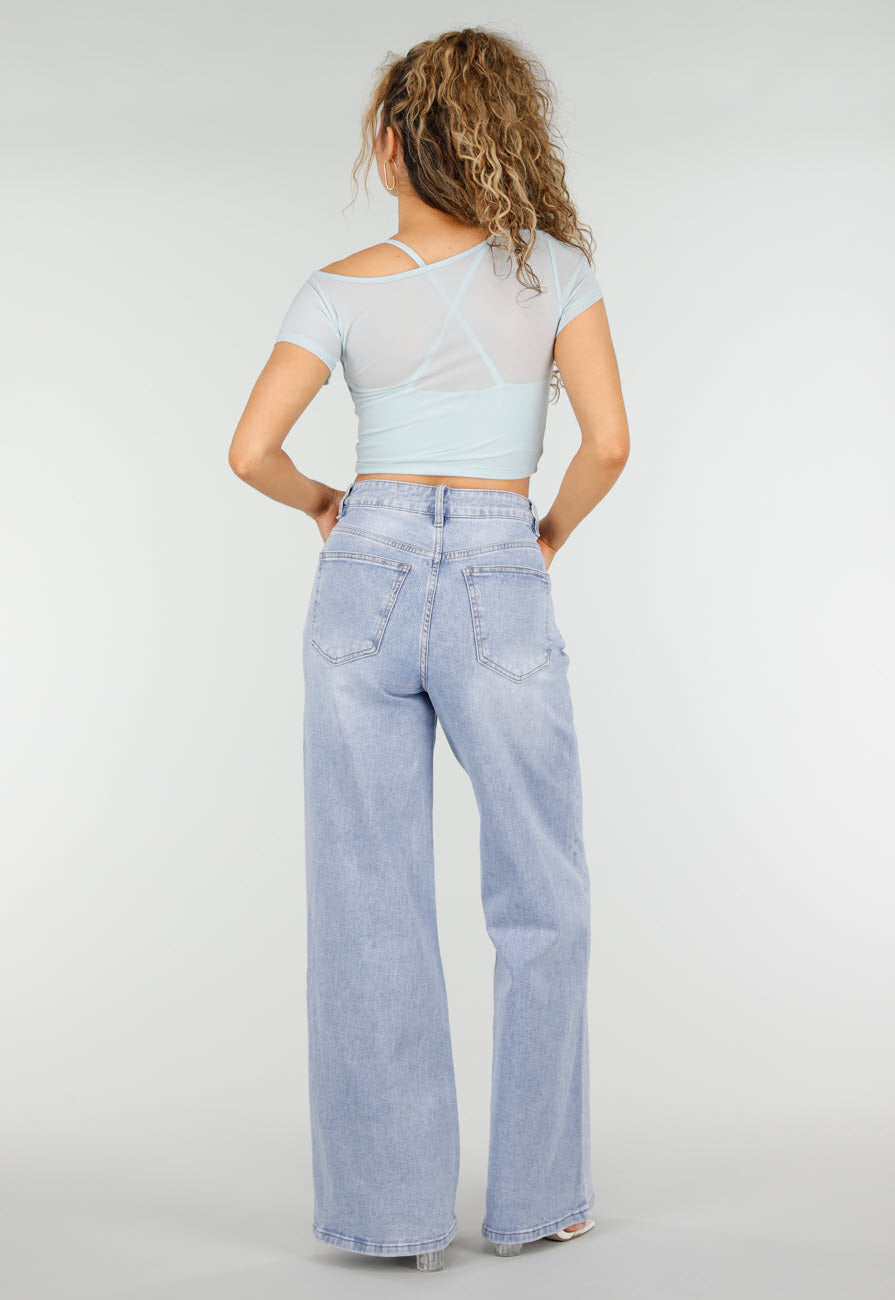 Lichtblauwe Mesh Crop Top met Korte Mouw en Pads