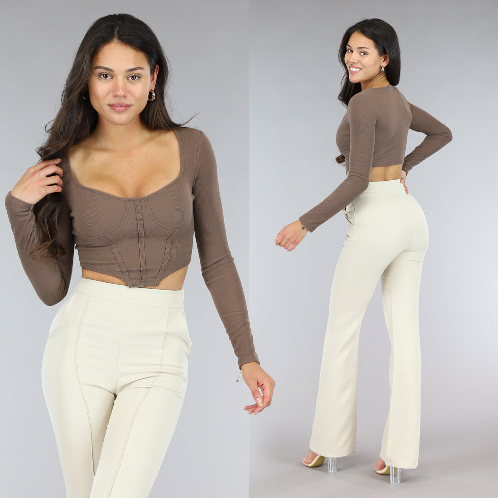 Bruine Rib Longsleeve Top met Korset Detail