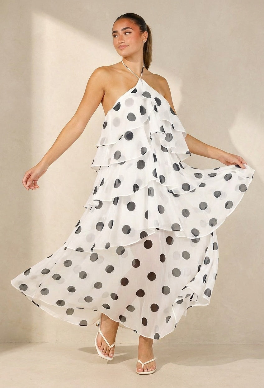 Witte Maxi Jurk met Zwarte Stippen en Volants
