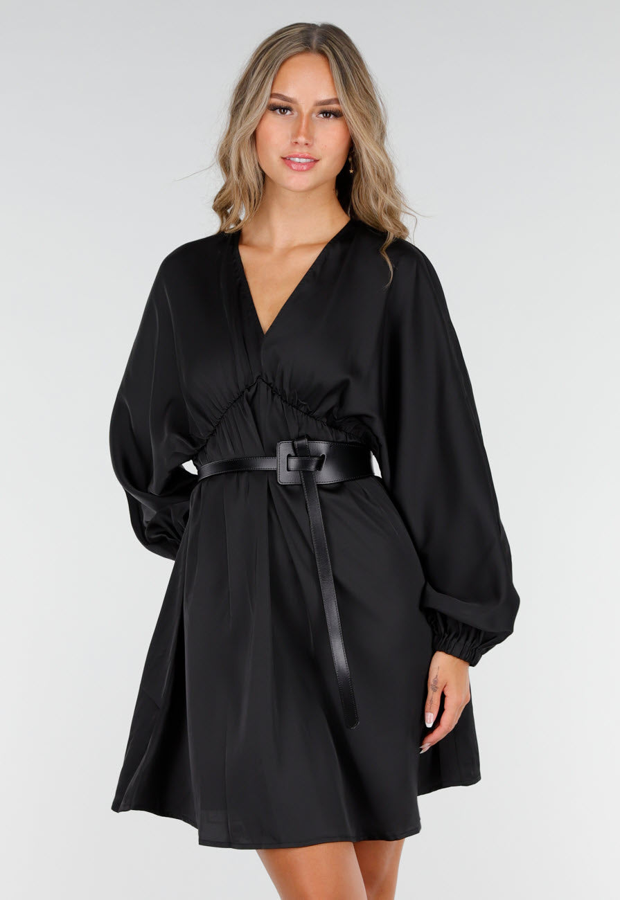 Zwarte Satijnen Longsleeve Skater Jurk