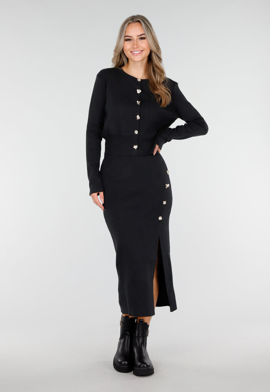 Zwarte Knitted Set met Midi Rok met Split