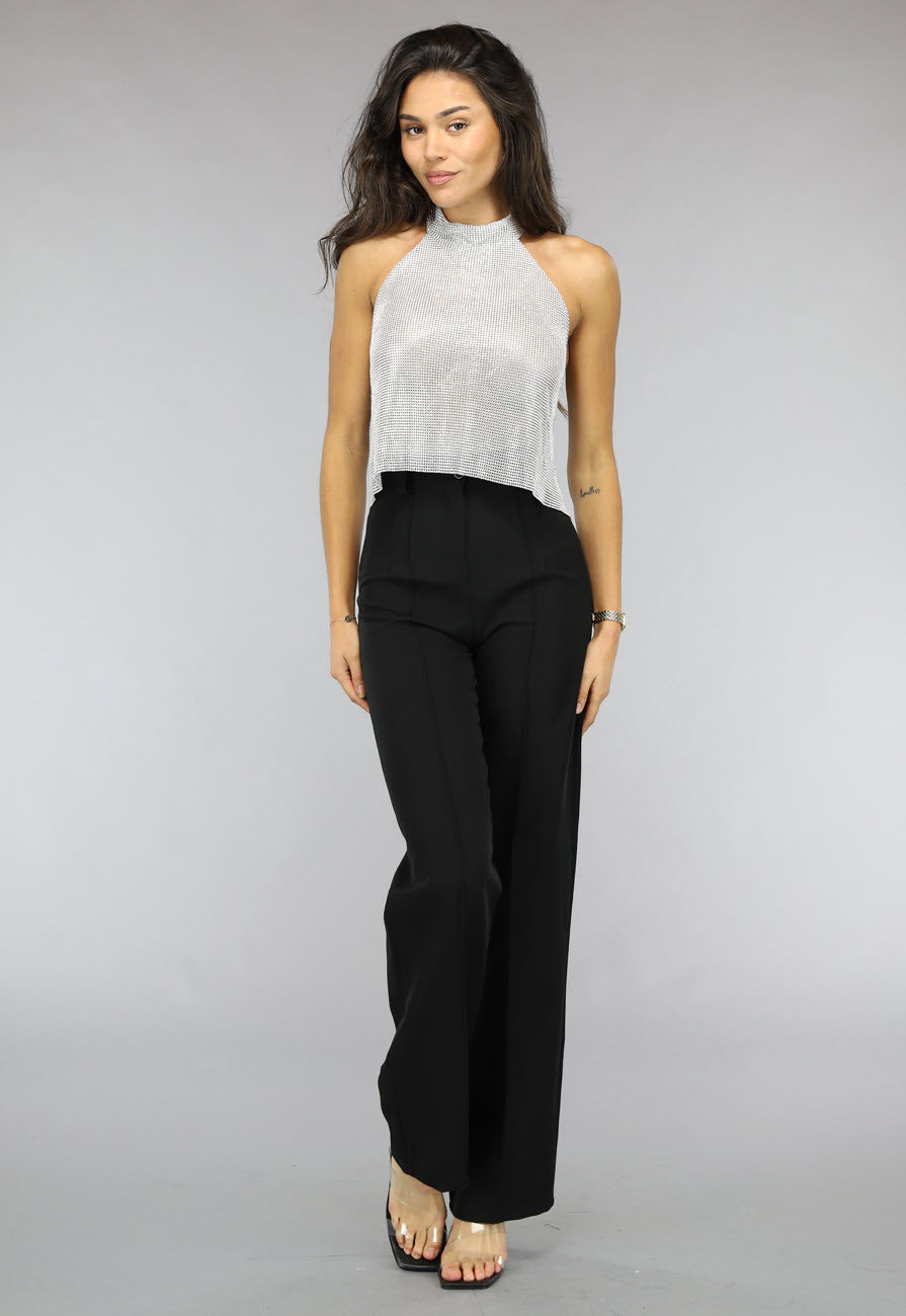 Zilveren Halter Glitter Chain Top met Open Rug
