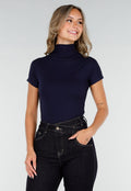 Navy Stretch Top met Col en Korte Mouwen