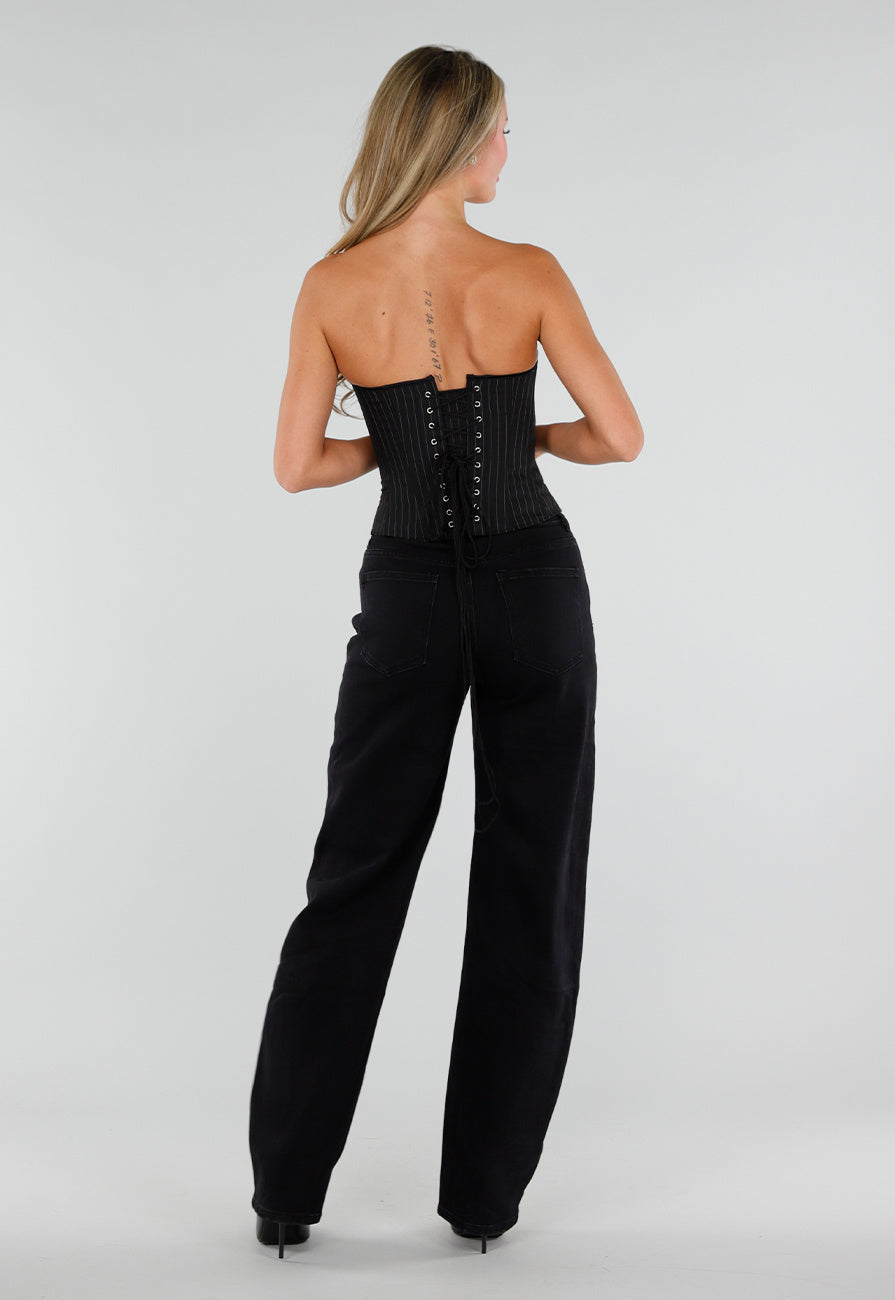 NEW050826 Zwart Gestreept Strapless Korset met Vetersluiting en Rits