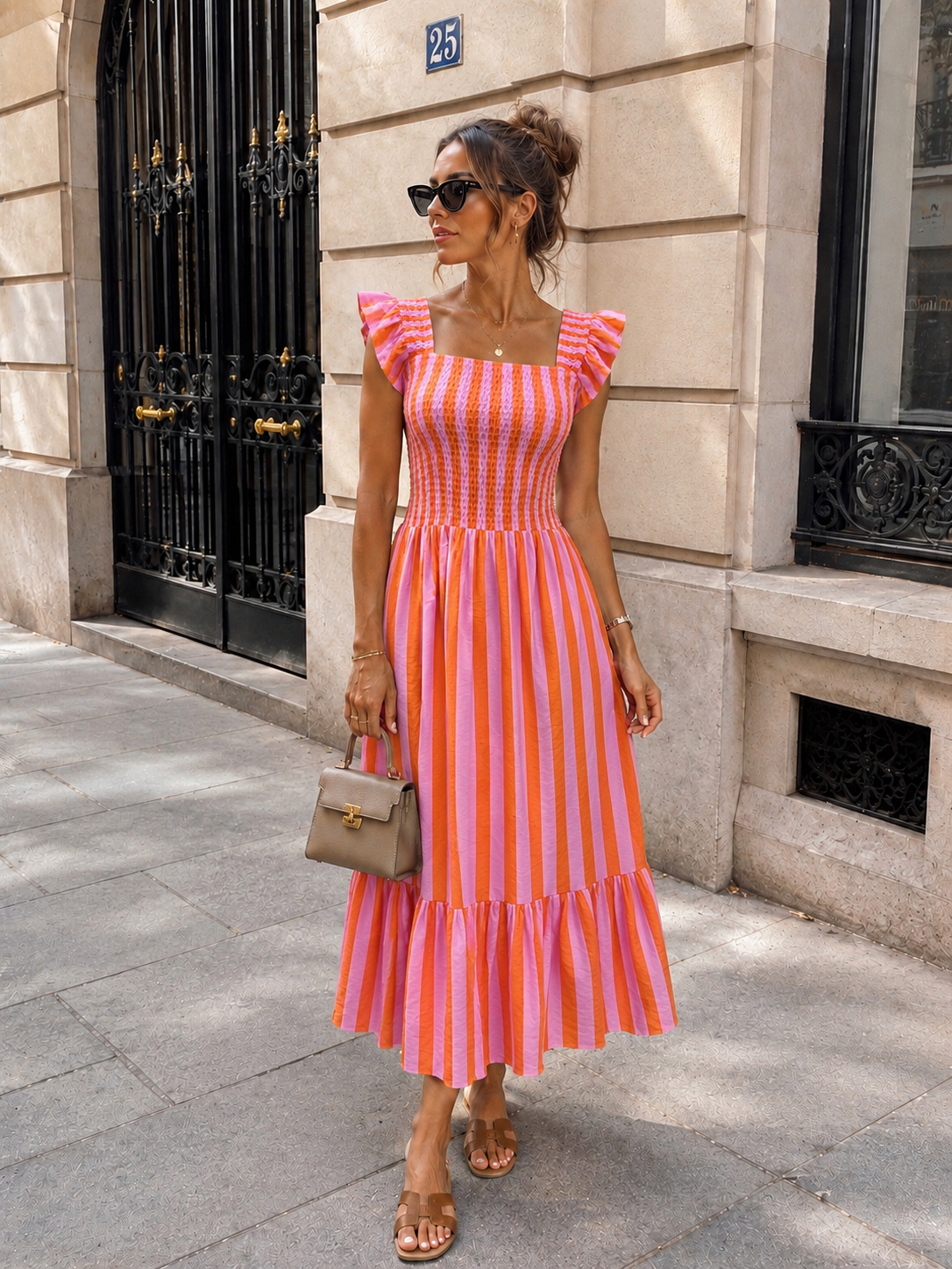 Roze Gestreepte Midi Jurk met Smockdetail en Ruffle Mouwen