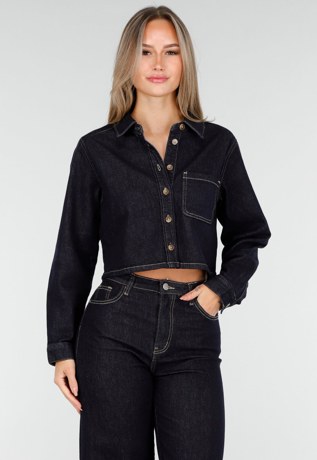 Redial Jeans Cropped Denim Blouse in Donkerblauw Met Lange Mouwen