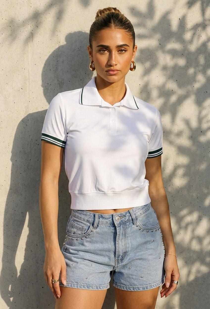 Witte Cropped Polo met Groene Contrasterende Strepen
