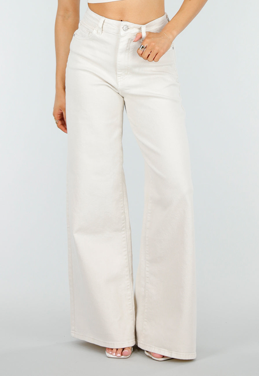 Beige Extra Wide Leg Jeans met Hoge Taille en Stretch